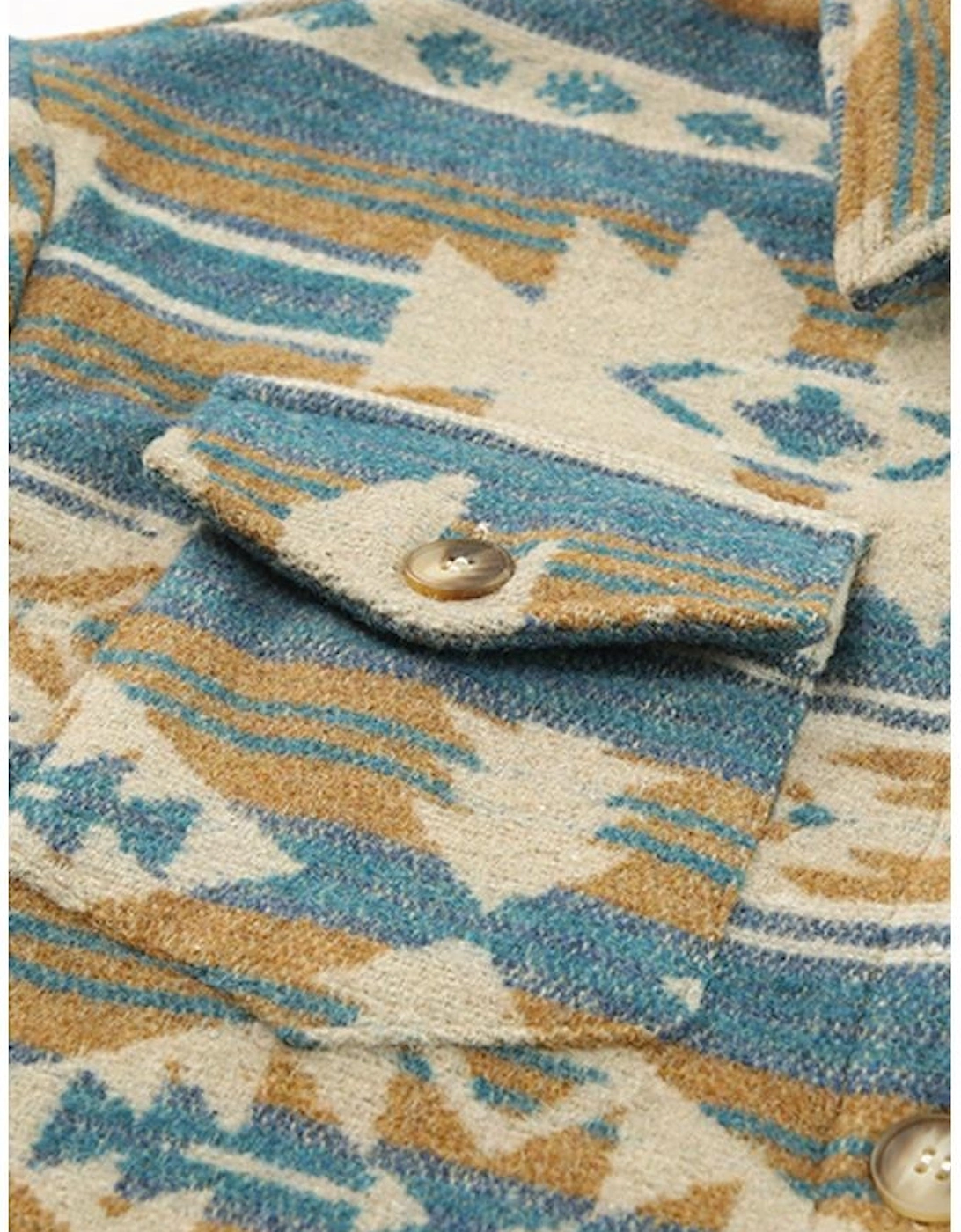 Blue Western Aztec Print Button Flap Pocket Shacket