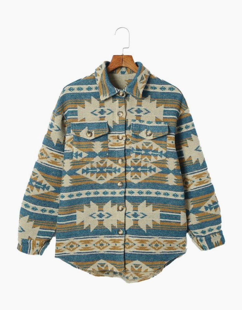 Blue Western Aztec Print Button Flap Pocket Shacket