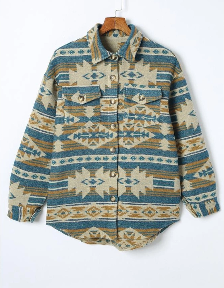 Blue Western Aztec Print Button Flap Pocket Shacket