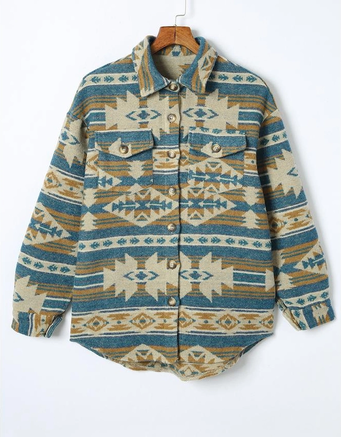 Blue Western Aztec Print Button Flap Pocket Shacket