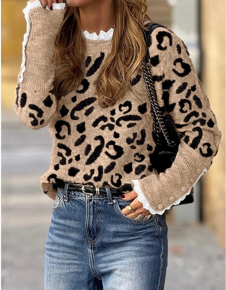 Brown Leopard Pattern Lace Ribbed Detail Button Cuffed Sweater