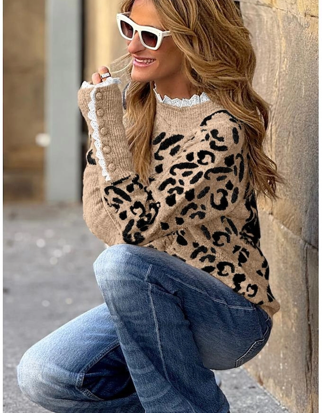 Brown Leopard Pattern Lace Ribbed Detail Button Cuffed Sweater, 4 of 3