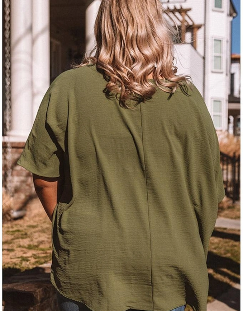 Four Leaf Clover Textured Half Sleeve V Neck Plus Size T Shirt with Chest Pocket