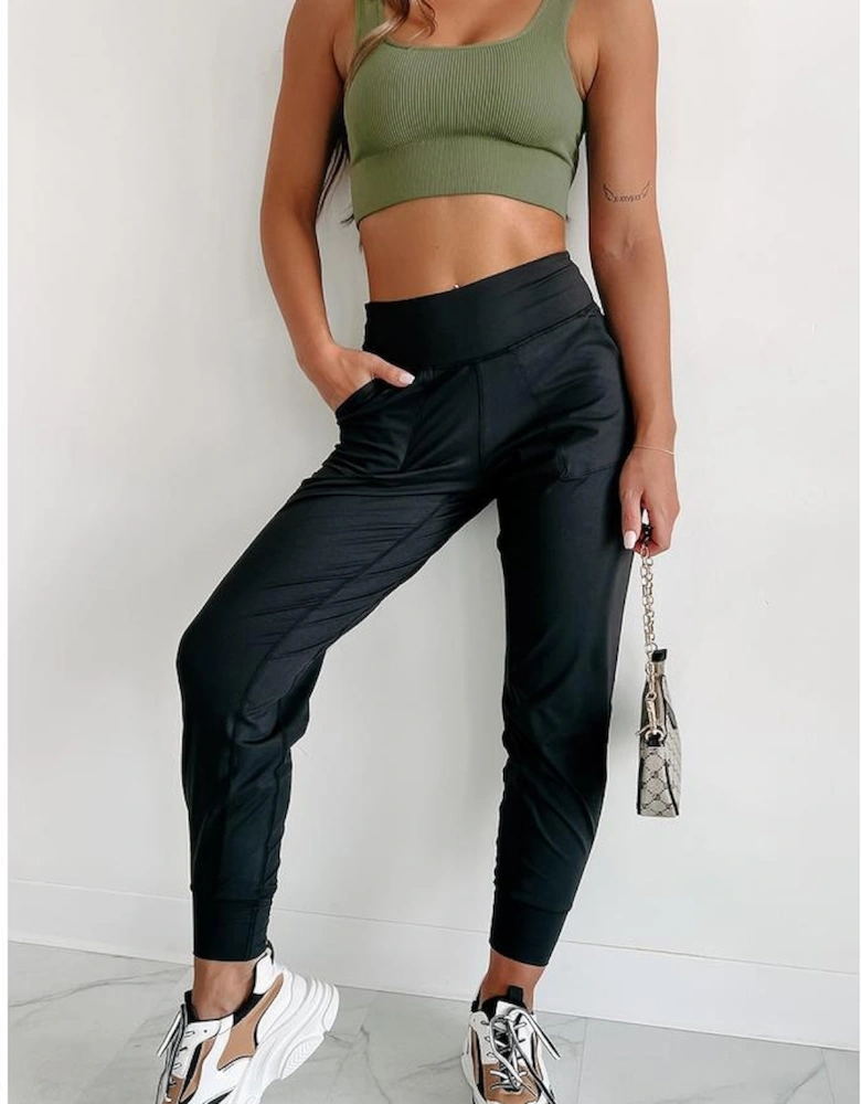 Black Exposed Seam High Waist Pocketed Joggers