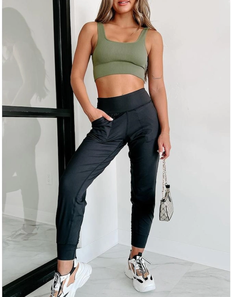 Black Exposed Seam High Waist Pocketed Joggers