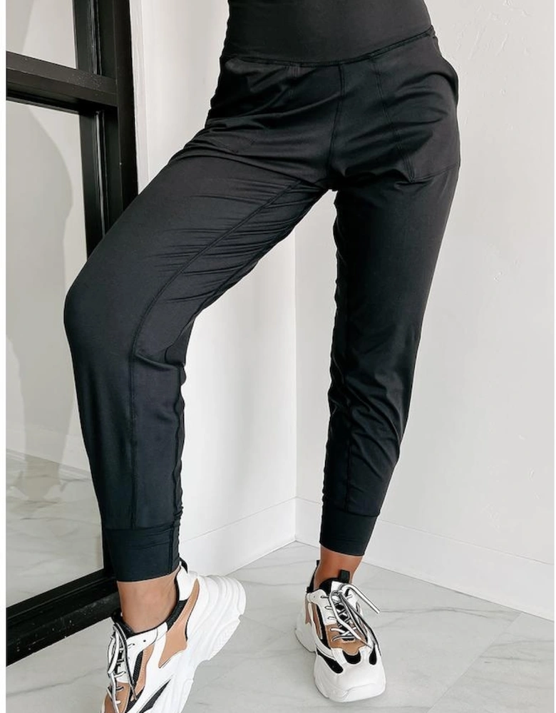 Black Exposed Seam High Waist Pocketed Joggers
