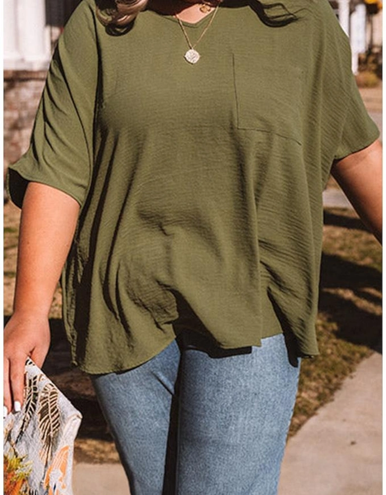 Four Leaf Clover Textured Half Sleeve V Neck Plus Size T Shirt with Chest Pocket
