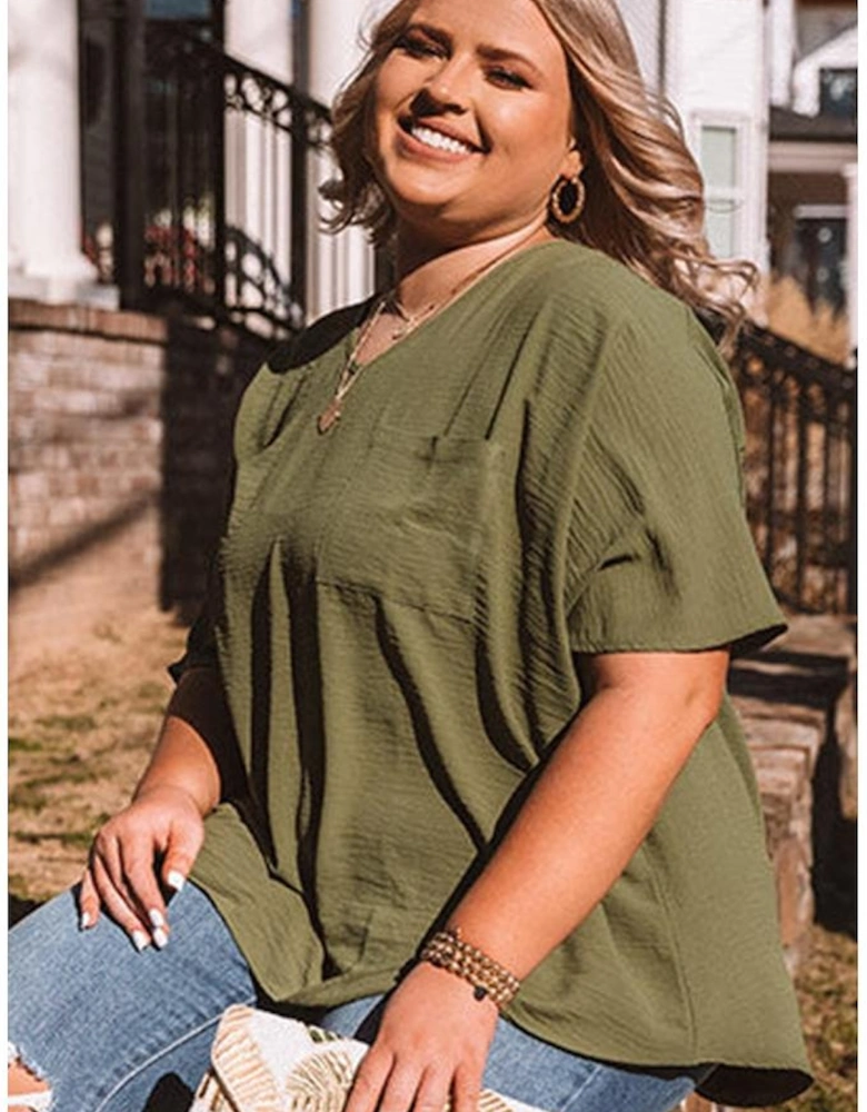 Four Leaf Clover Textured Half Sleeve V Neck Plus Size T Shirt with Chest Pocket