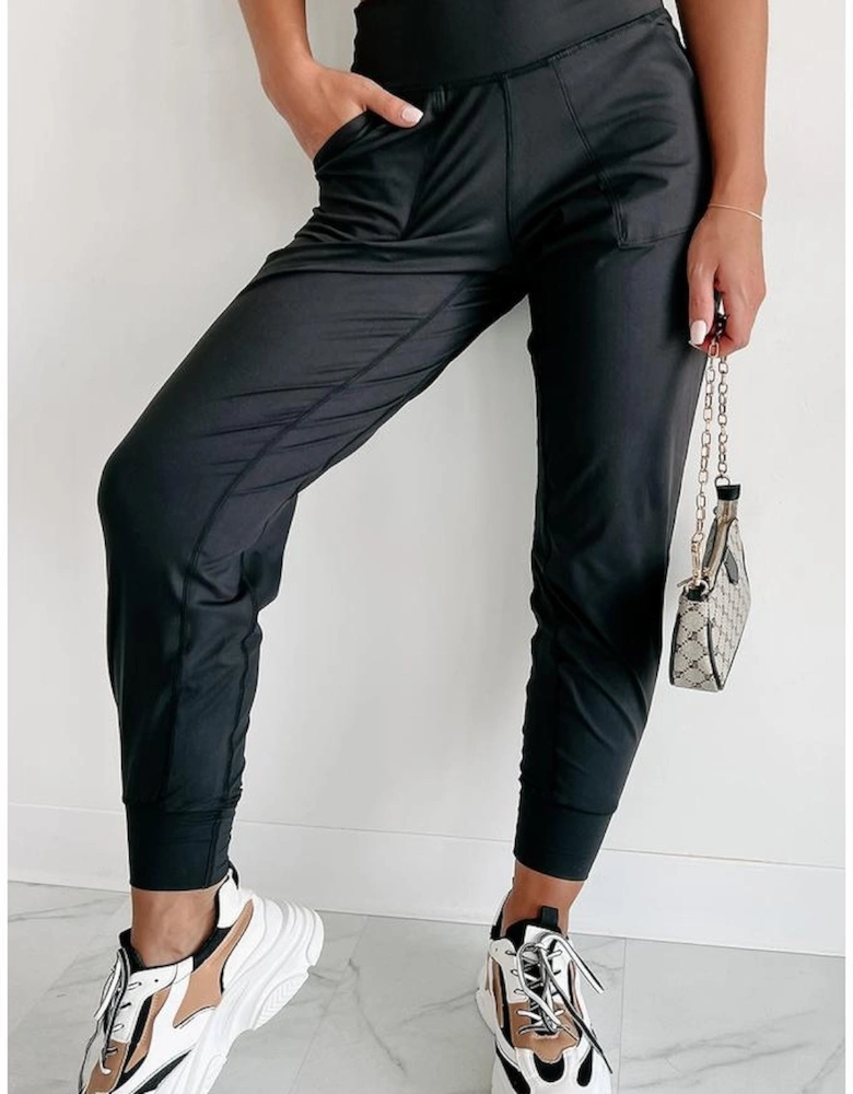 Black Exposed Seam High Waist Pocketed Joggers