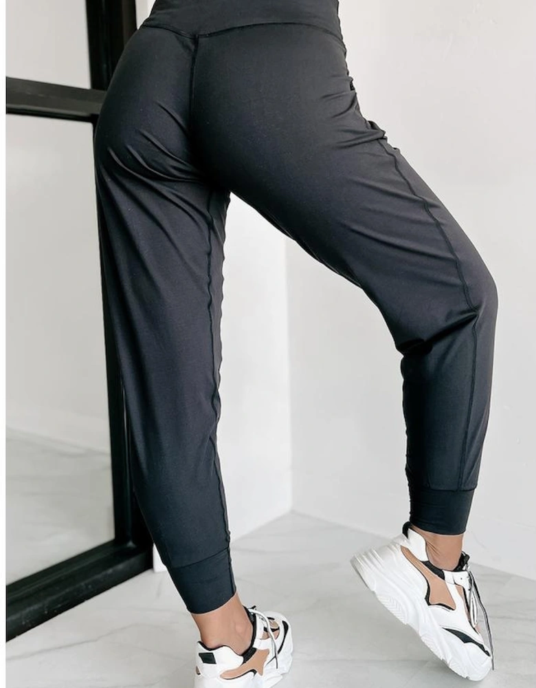 Black Exposed Seam High Waist Pocketed Joggers