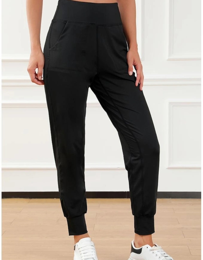 Black Exposed Seam High Waist Pocketed Joggers