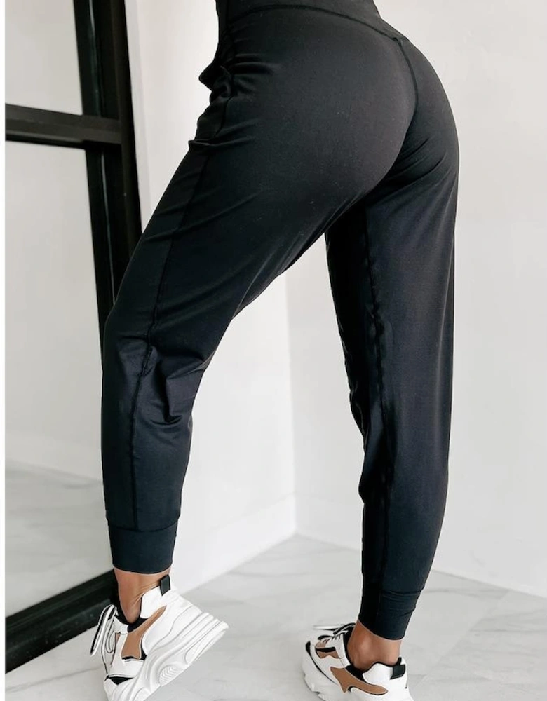 Black Exposed Seam High Waist Pocketed Joggers