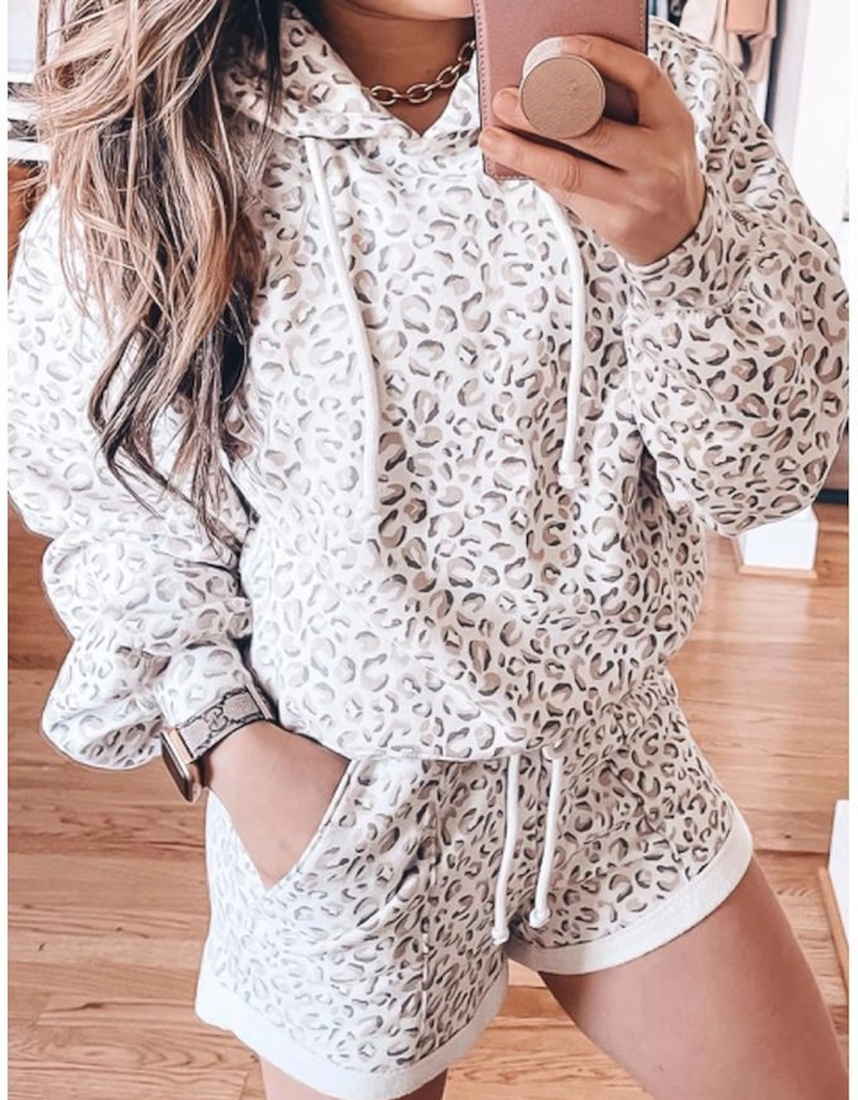 White Classic Leopard Hoodie and Shorts Set