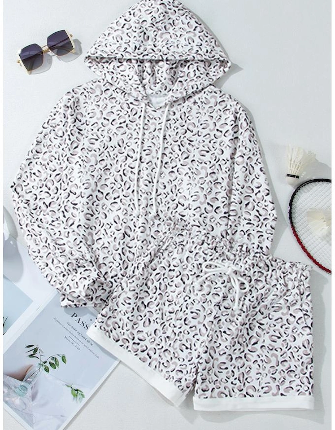 White Classic Leopard Hoodie and Shorts Set