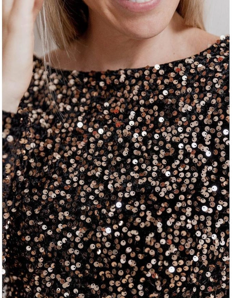 Chestnut Sequin Crew Neck Long Sleeve Bodycon Dress