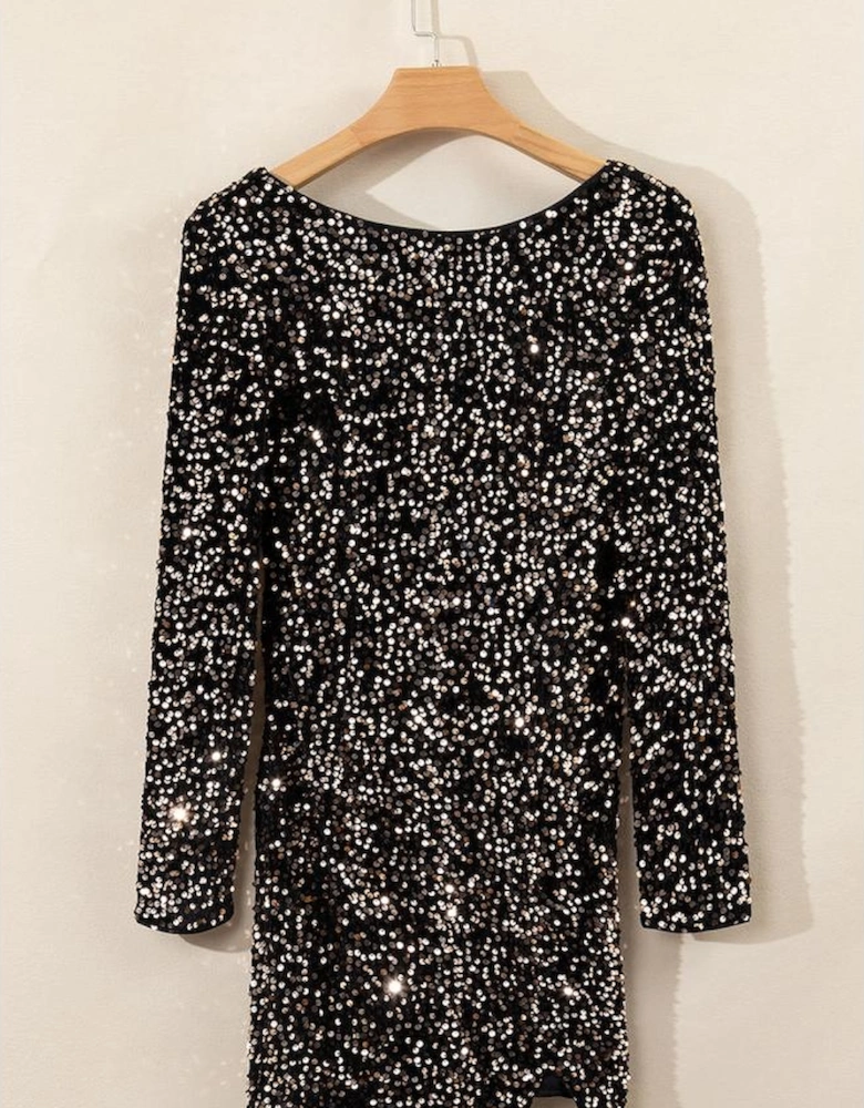 Chestnut Sequin Crew Neck Long Sleeve Bodycon Dress