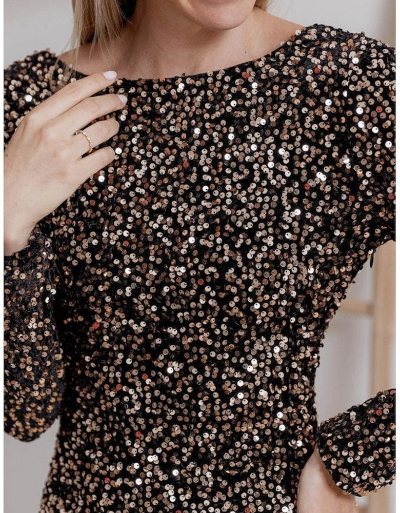 Chestnut Sequin Crew Neck Long Sleeve Bodycon Dress