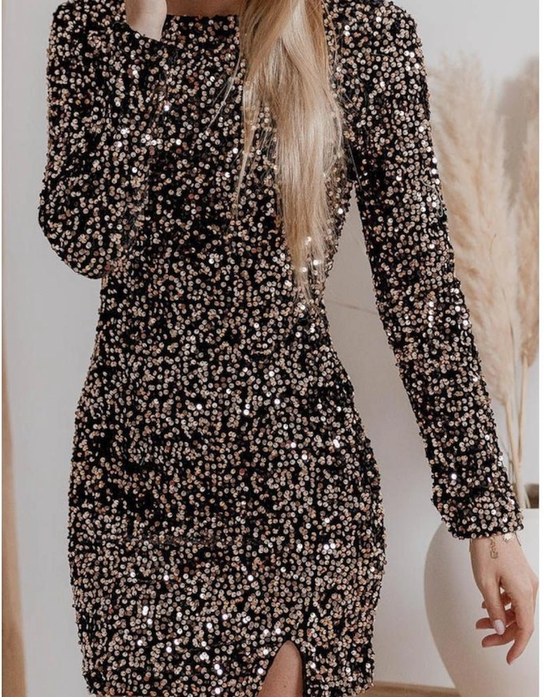 Chestnut Sequin Crew Neck Long Sleeve Bodycon Dress