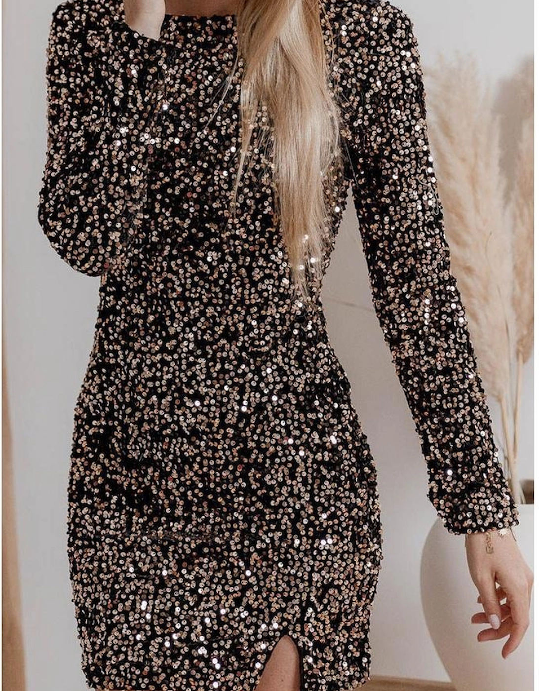 Chestnut Sequin Crew Neck Long Sleeve Bodycon Dress