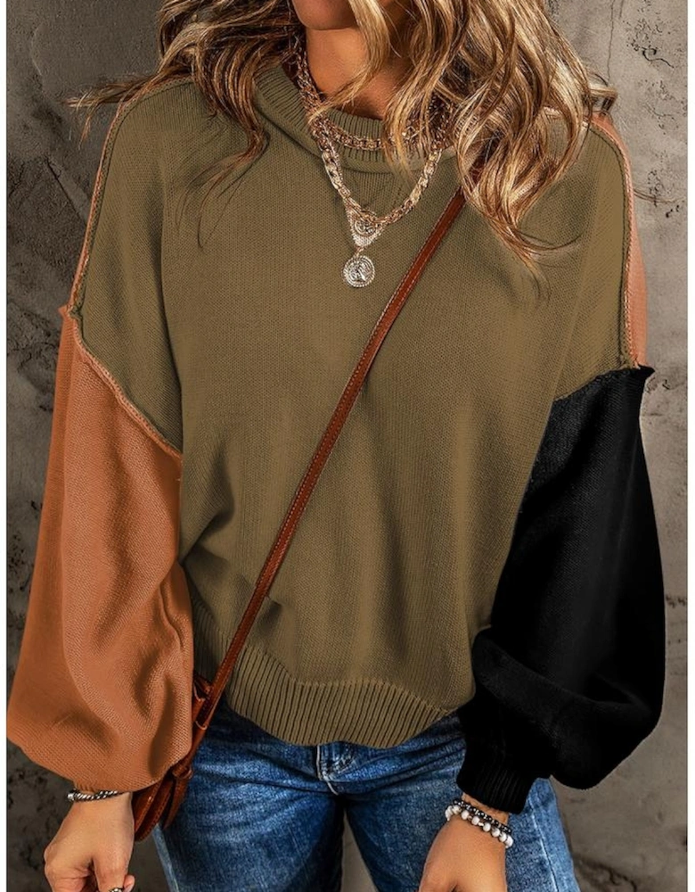 Pickle Green Colorblock Bishop Sleeve Ribbed Trim Sweater