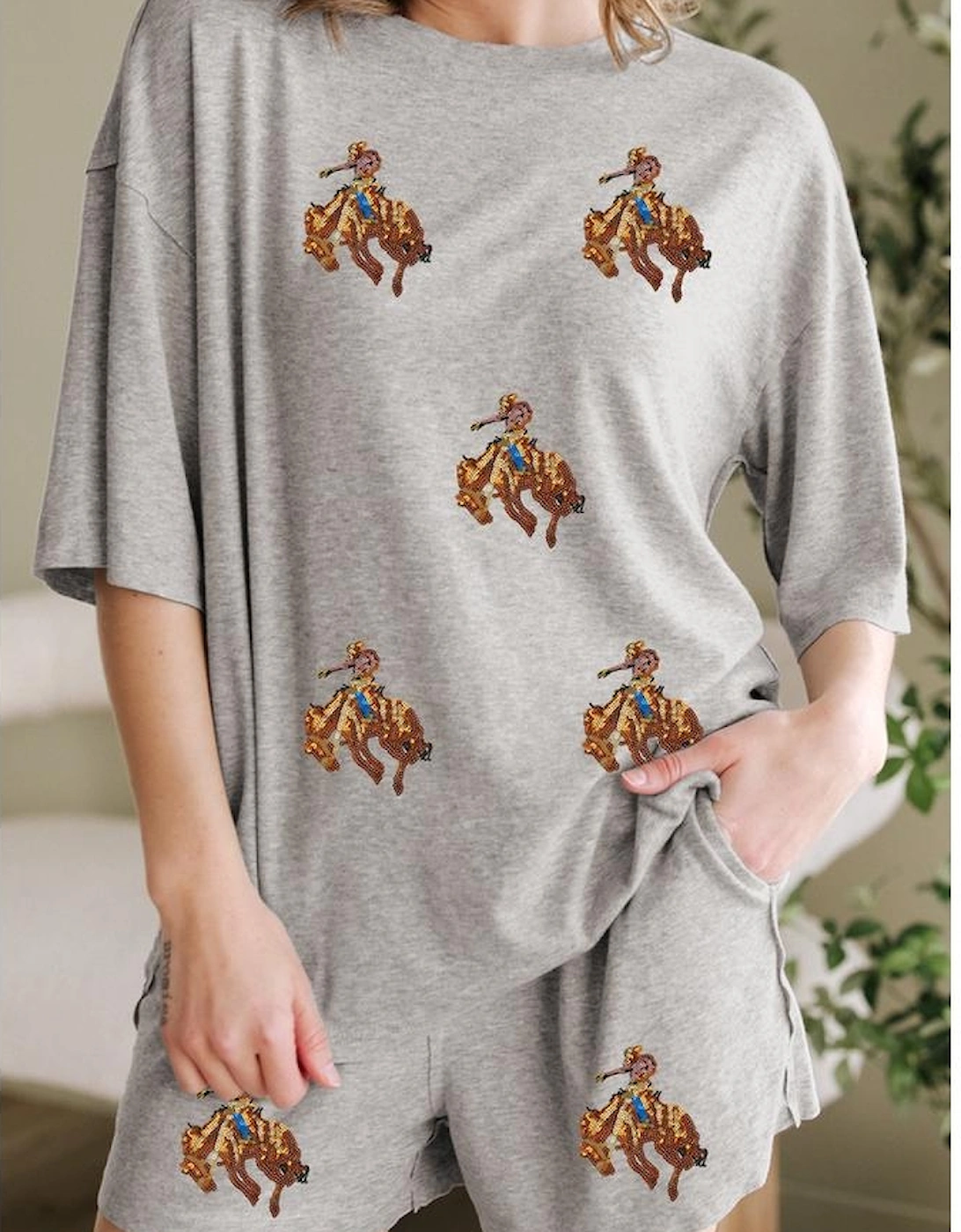 Gray Western Pattern Patched Half Sleeve Tee and Pocketed Shorts Set