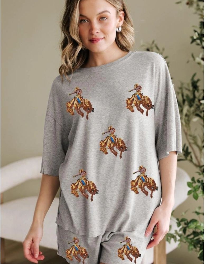 Gray Western Pattern Patched Half Sleeve Tee and Pocketed Shorts Set