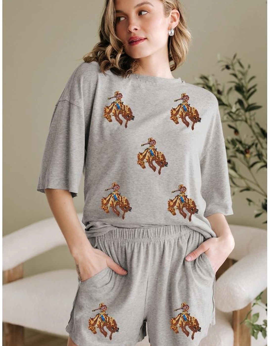 Gray Western Pattern Patched Half Sleeve Tee and Pocketed Shorts Set