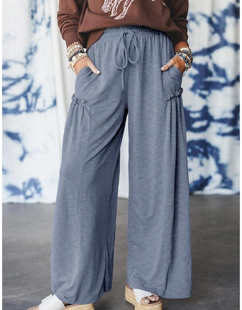 High Frilled Detail Wide Leg High Waist Knit Pants