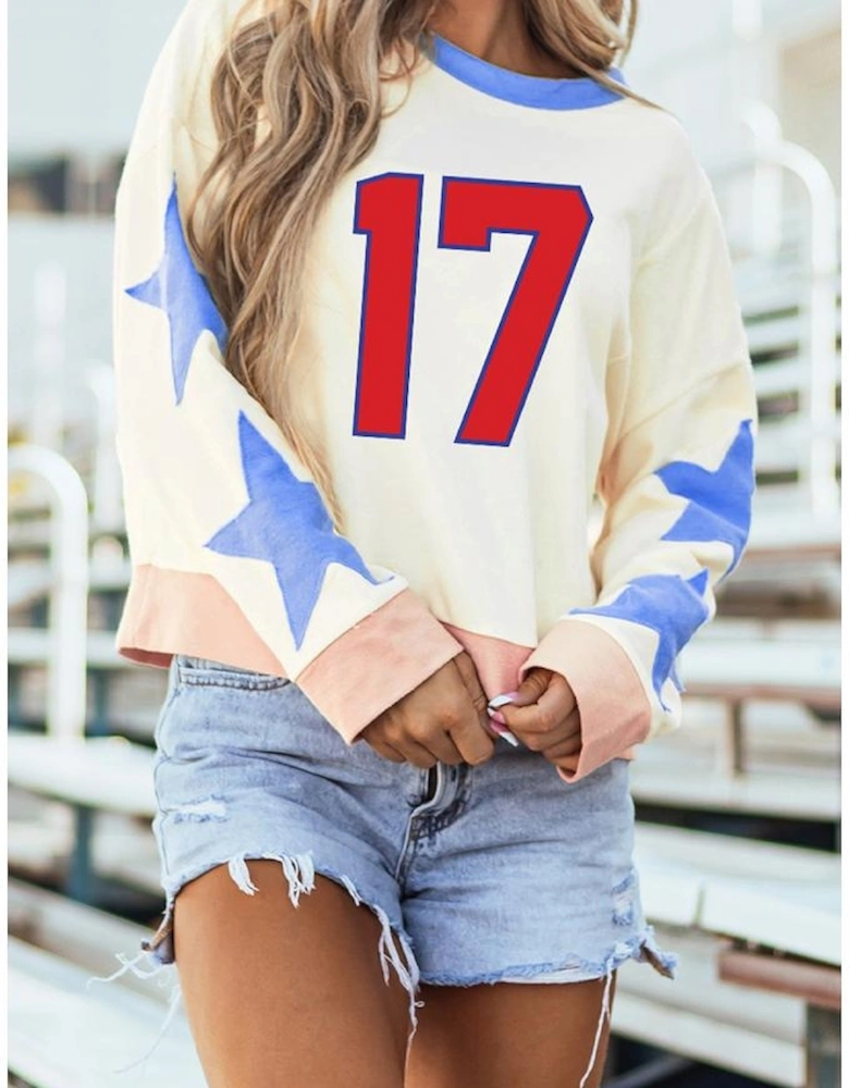 Beige Number 17 Printed Stars Patched Sleeve Cropped Sweatshirt