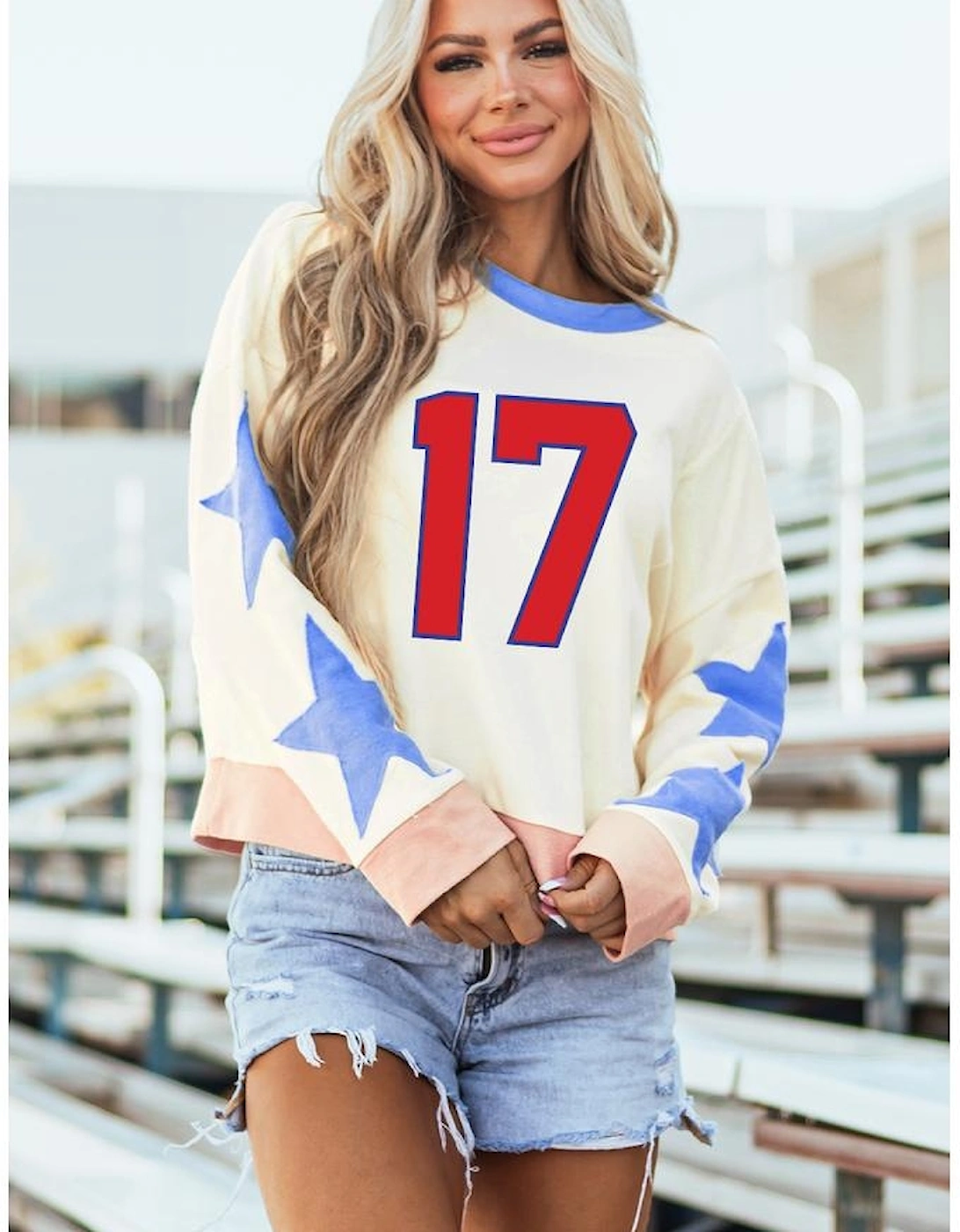 Beige Number 17 Printed Stars Patched Sleeve Cropped Sweatshirt