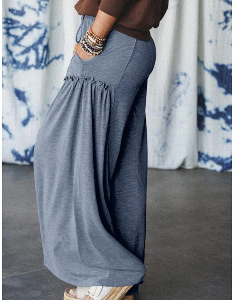 High Frilled Detail Wide Leg High Waist Knit Pants