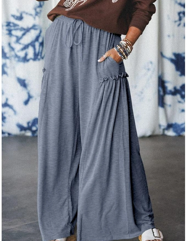 High Frilled Detail Wide Leg High Waist Knit Pants
