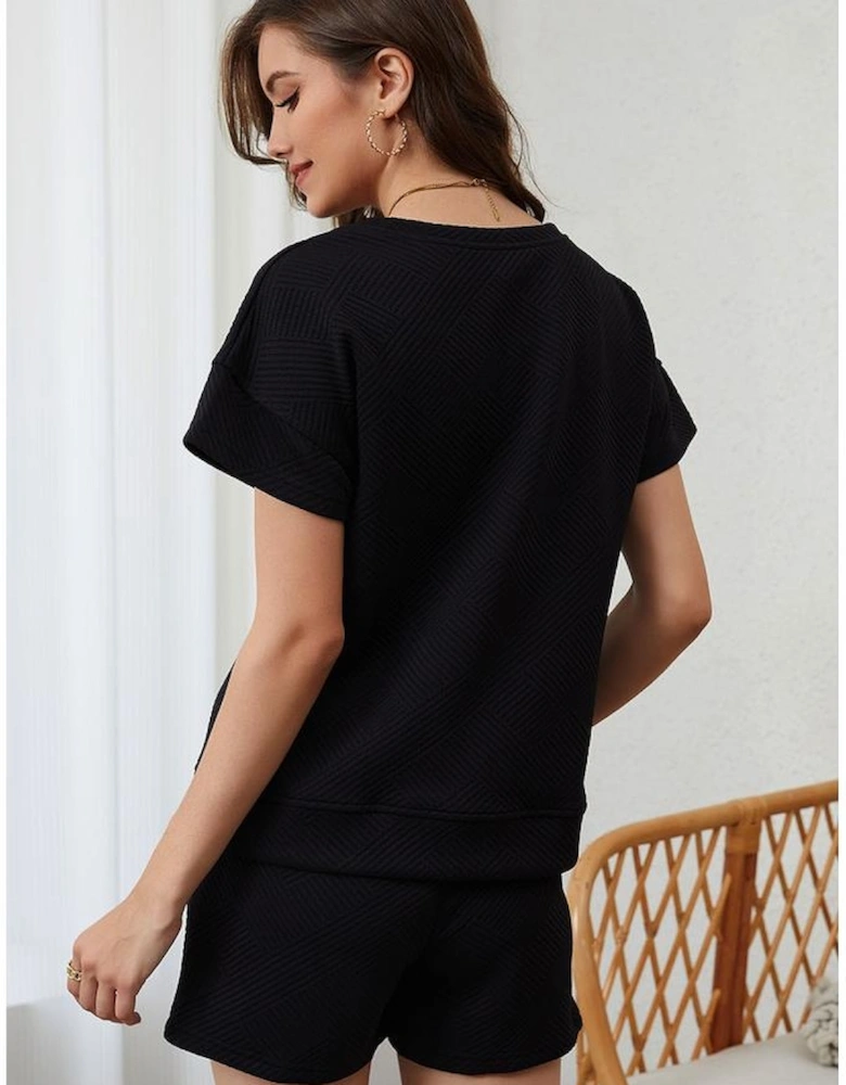 Black 2pcs Solid Textured Drawstring Shorts Set