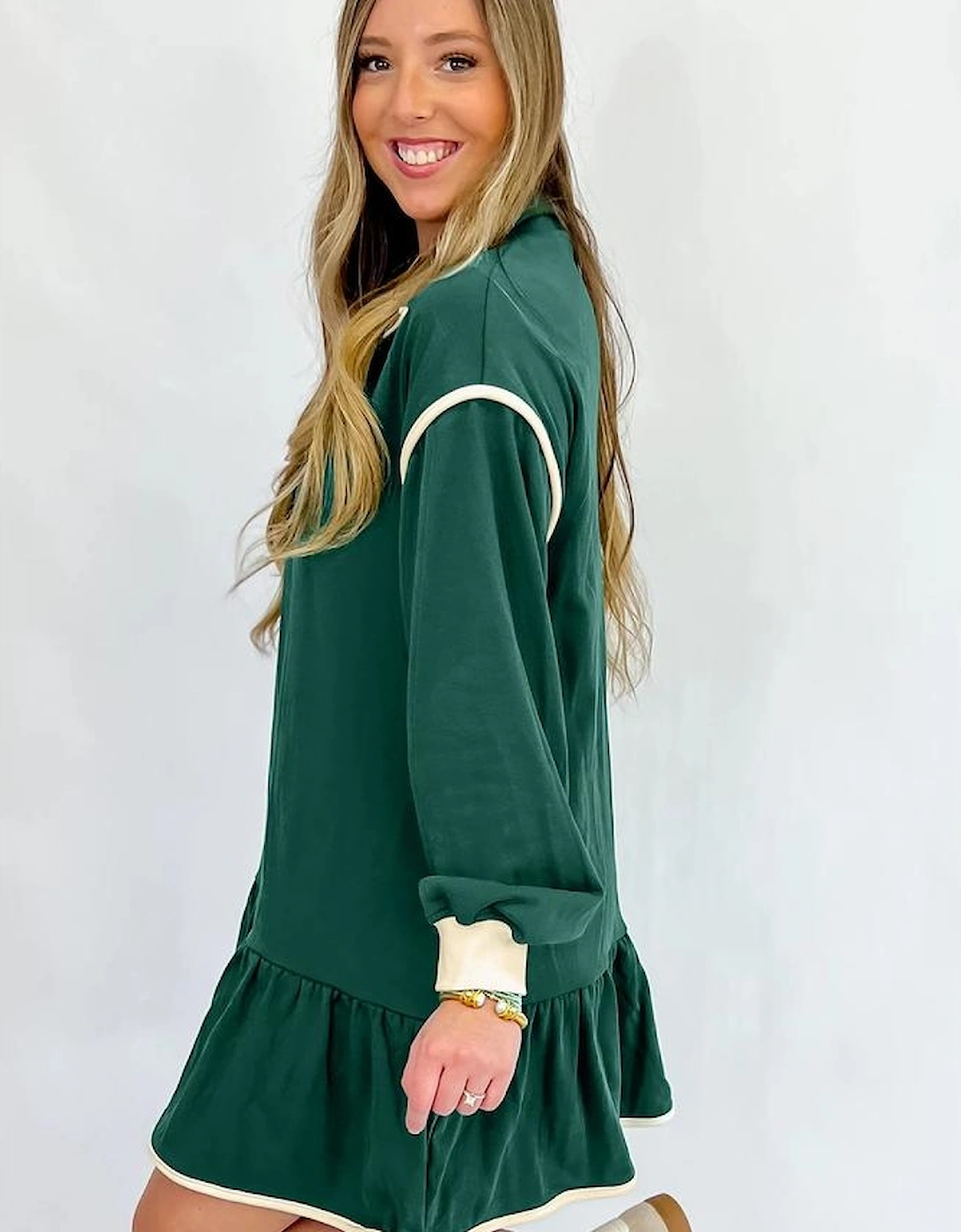 Evergreen Contrast Trim Zip Collar Long Sleeve Ruffle Hem Mini Dress