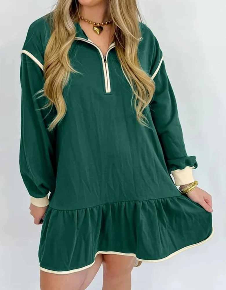 Evergreen Contrast Trim Zip Collar Long Sleeve Ruffle Hem Mini Dress