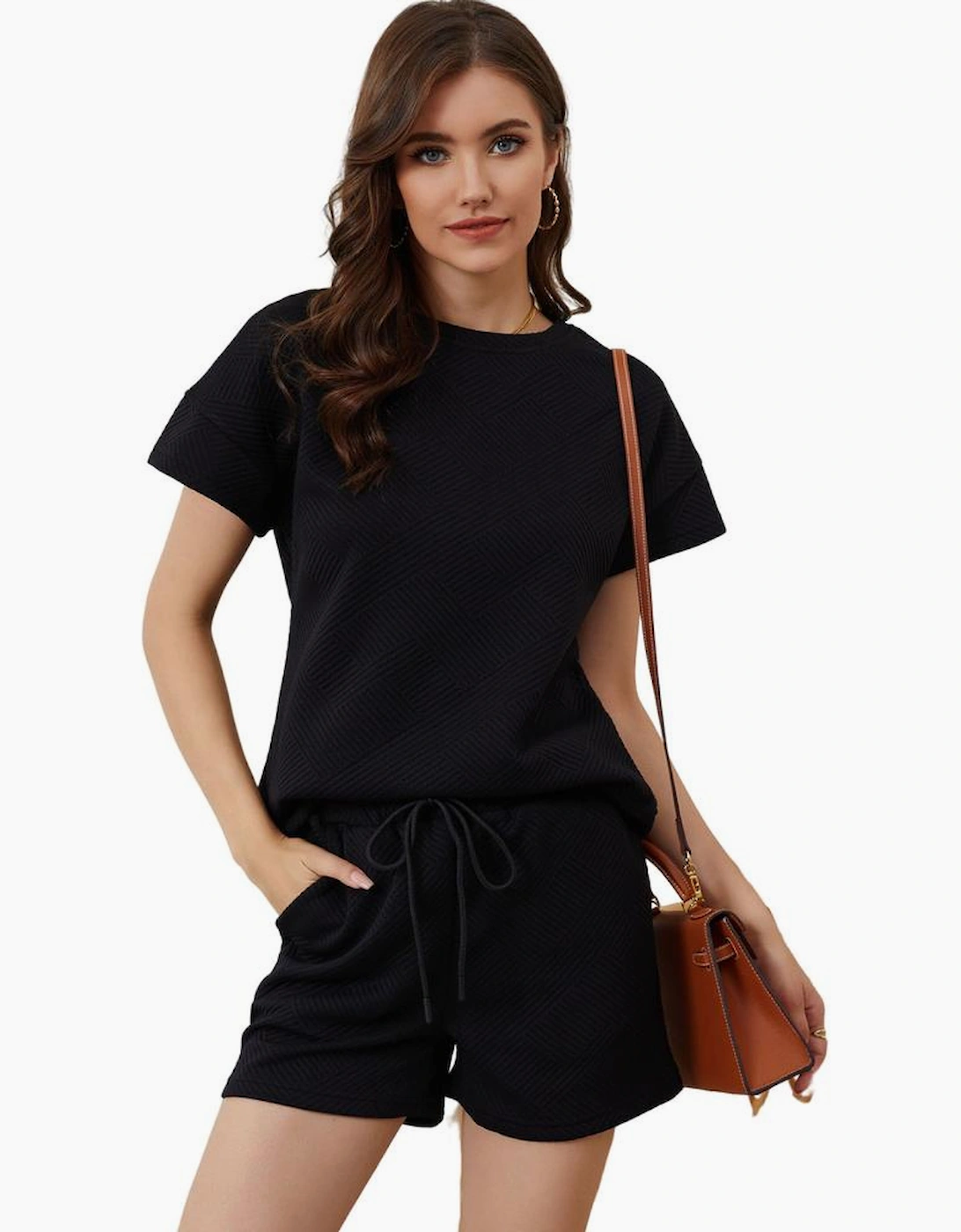 Black 2pcs Solid Textured Drawstring Shorts Set