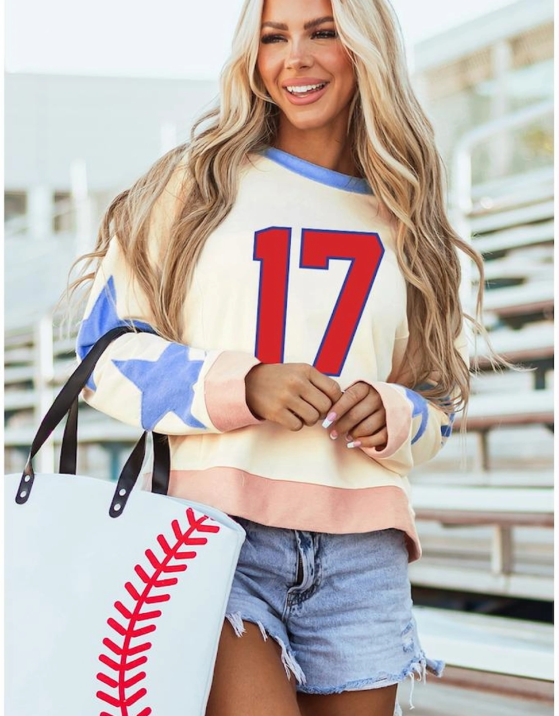 Beige Number 17 Printed Stars Patched Sleeve Cropped Sweatshirt