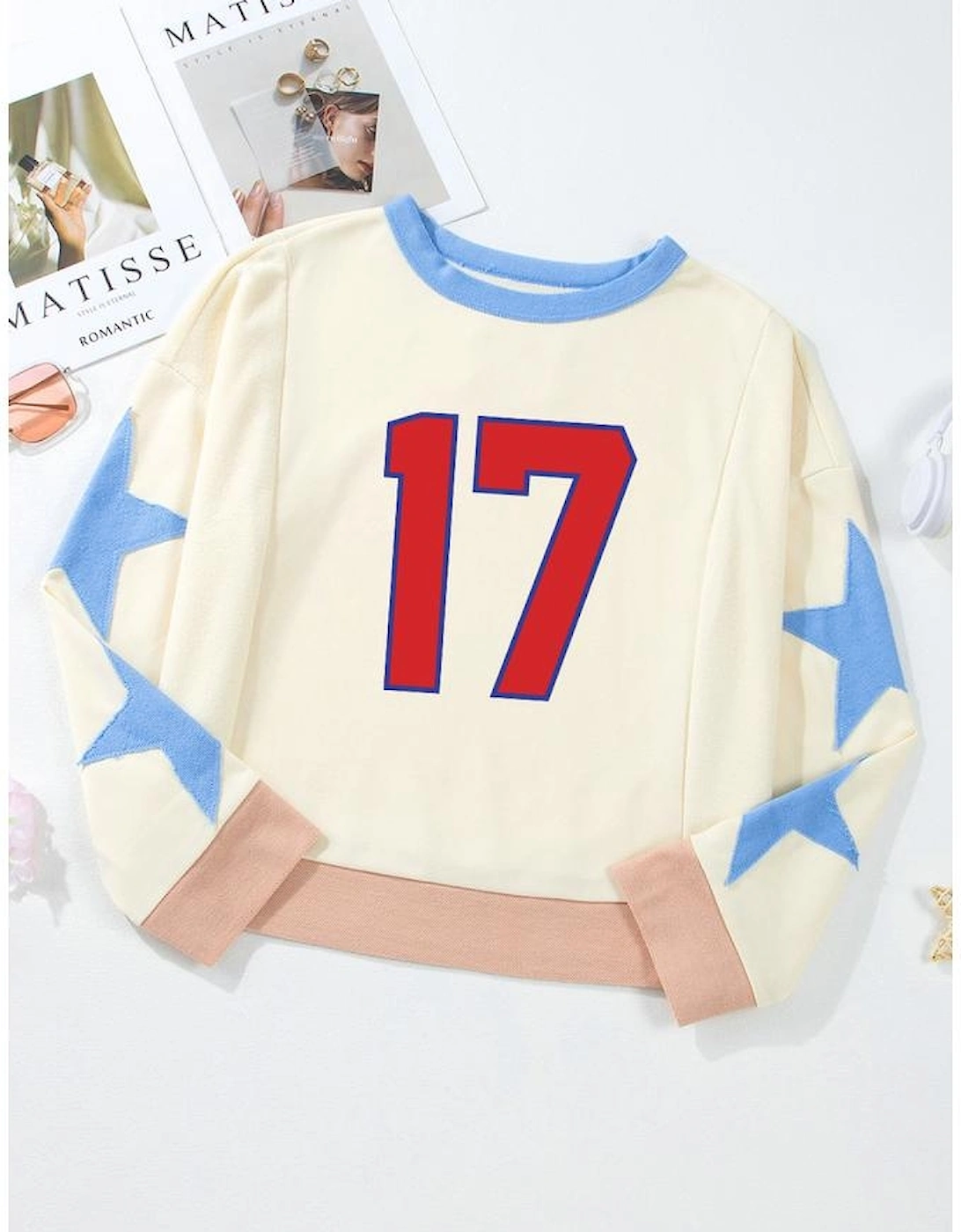 Beige Number 17 Printed Stars Patched Sleeve Cropped Sweatshirt