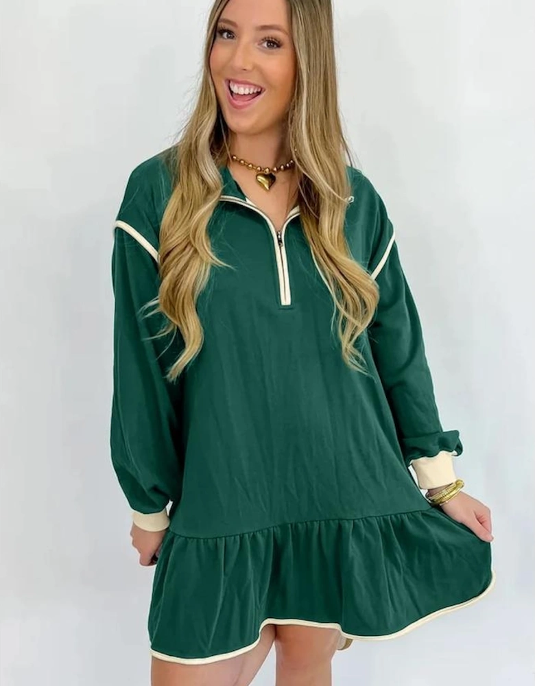 Evergreen Contrast Trim Zip Collar Long Sleeve Ruffle Hem Mini Dress