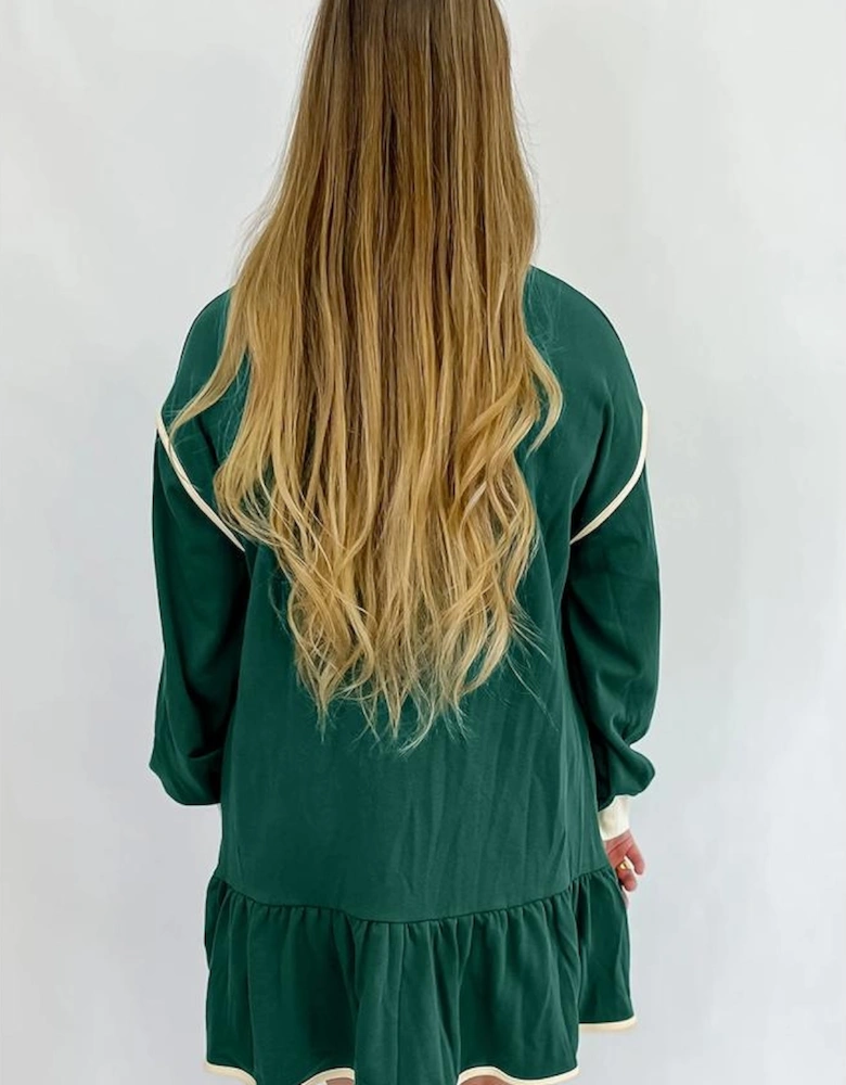 Evergreen Contrast Trim Zip Collar Long Sleeve Ruffle Hem Mini Dress