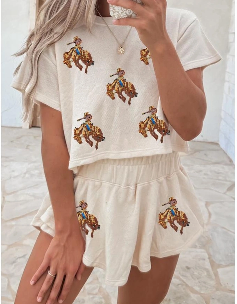 Beige Sequined Rodeo Cropped Tee and Skort Set