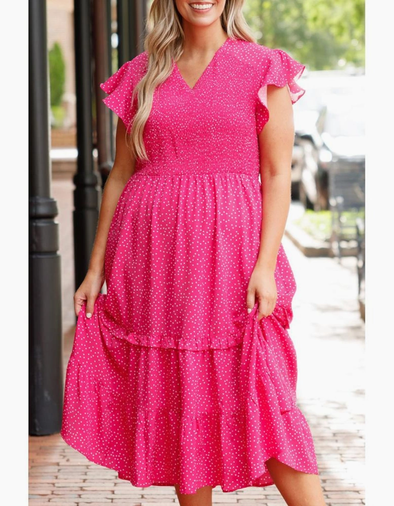 Rose Polka Dot Print Ruffled Smocked High Waist Plus Midi Dress