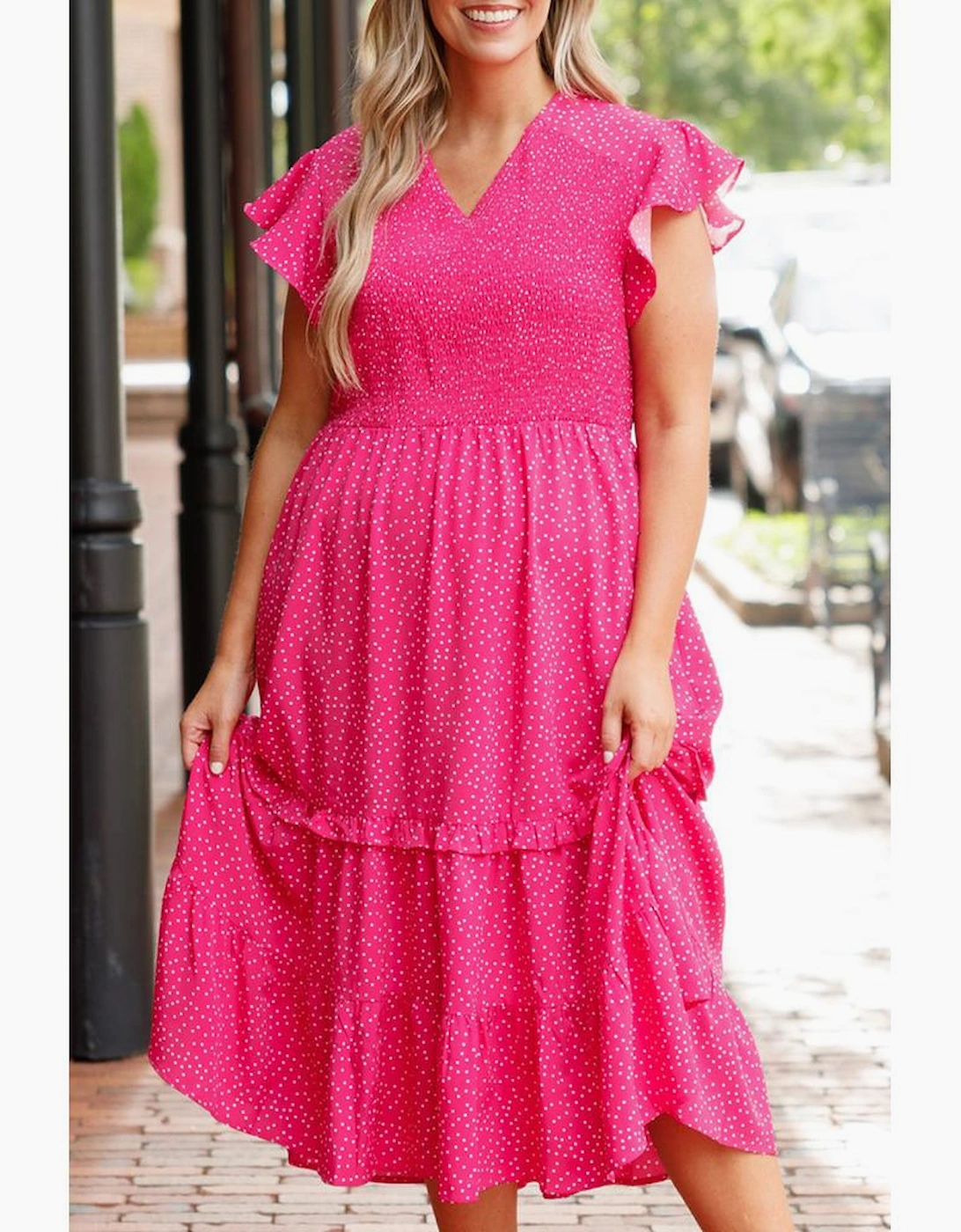 Rose Polka Dot Print Ruffled Smocked High Waist Plus Midi Dress
