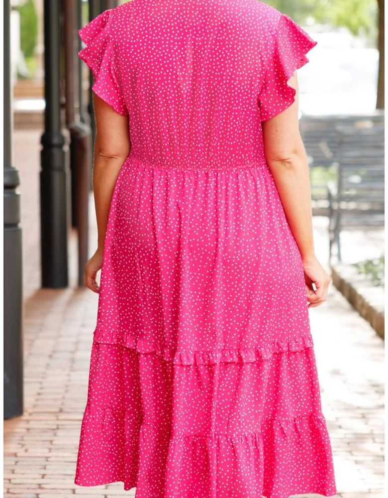 Rose Polka Dot Print Ruffled Smocked High Waist Plus Midi Dress