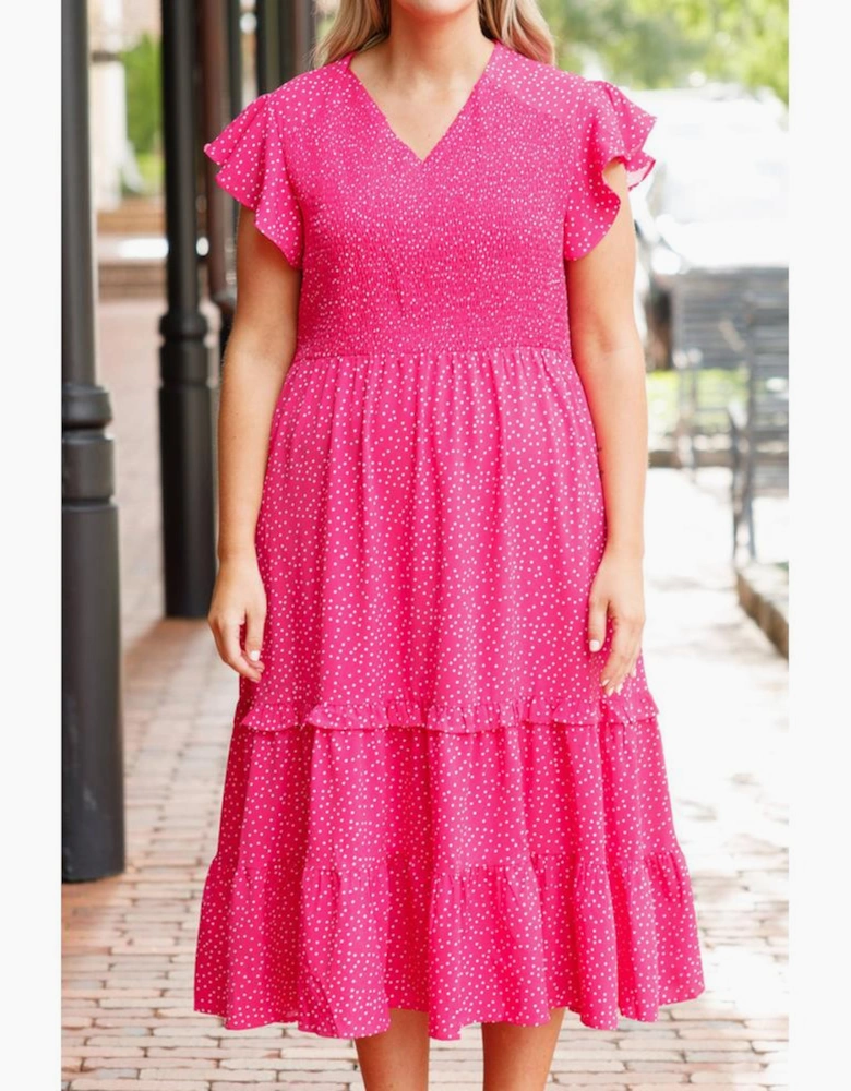 Rose Polka Dot Print Ruffled Smocked High Waist Plus Midi Dress