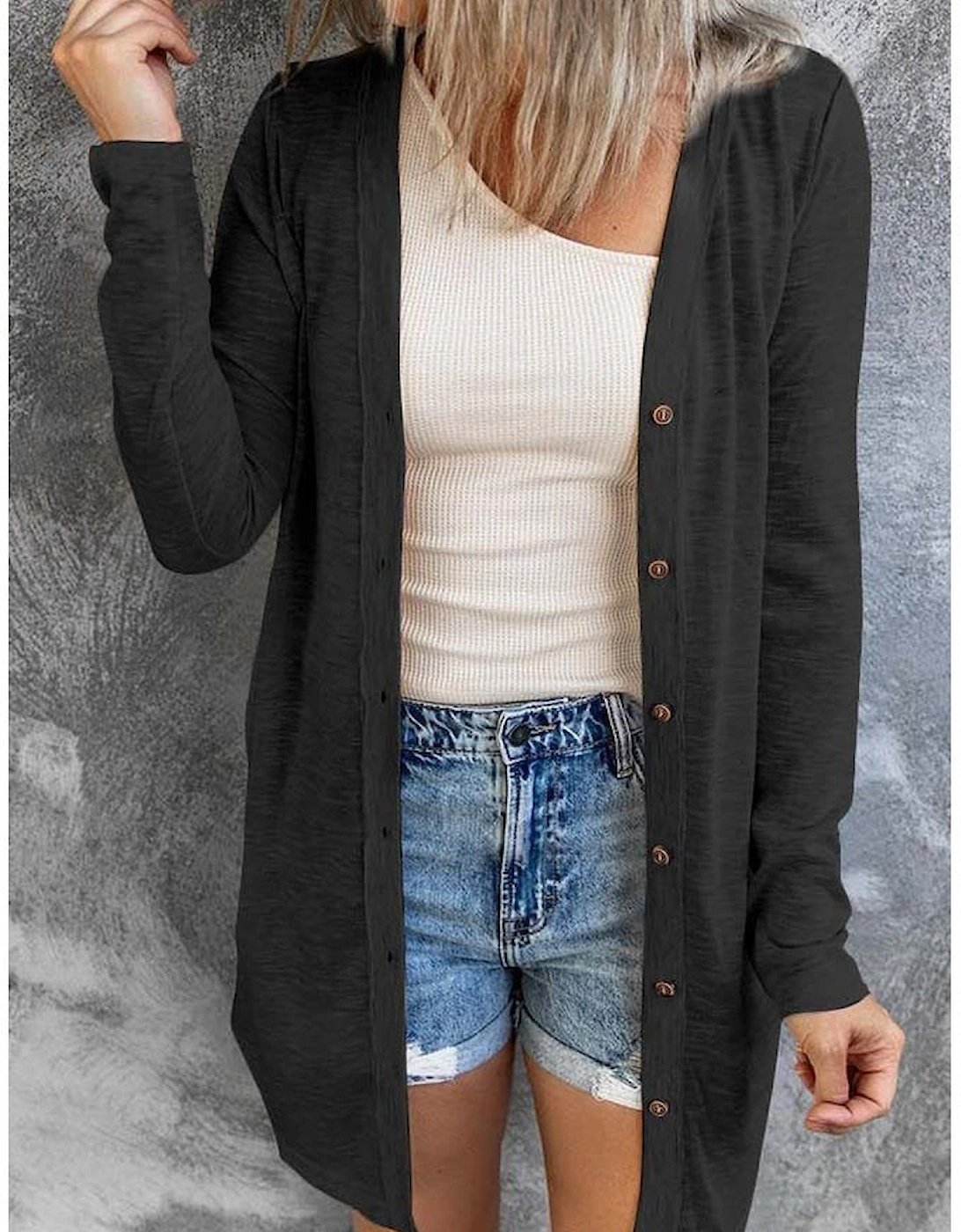 Black Solid Color Open-Front Buttons Cardigan