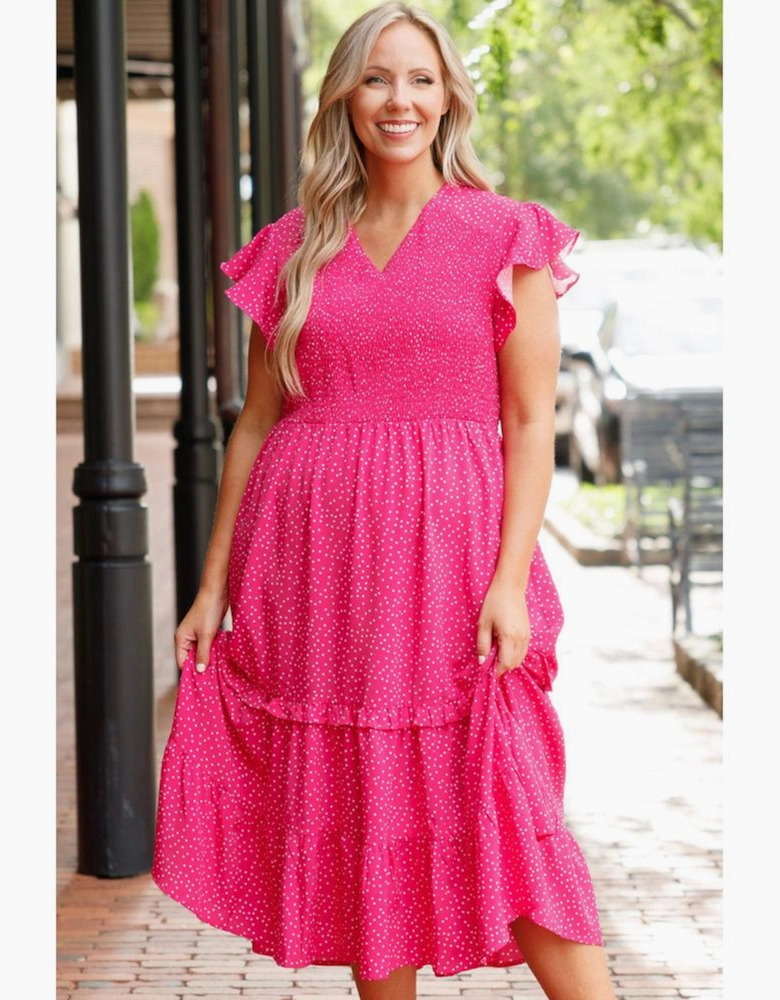 Rose Polka Dot Print Ruffled Smocked High Waist Plus Midi Dress