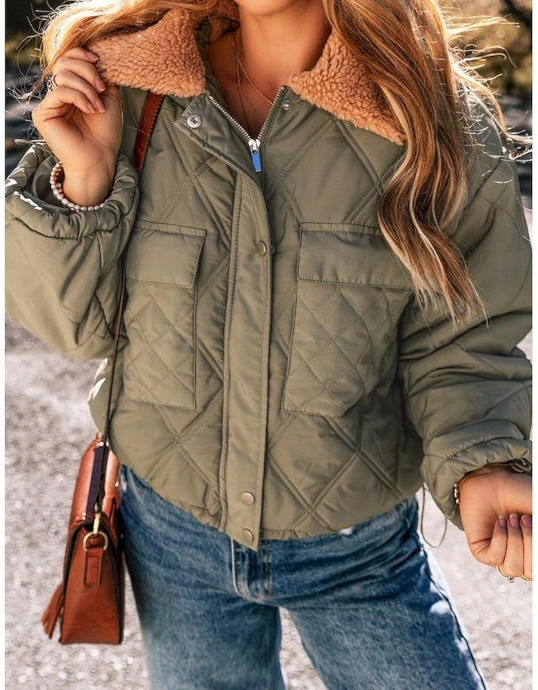 Jungle Green Teddy Collar Flap Pockets Quilted Puffer Jacket