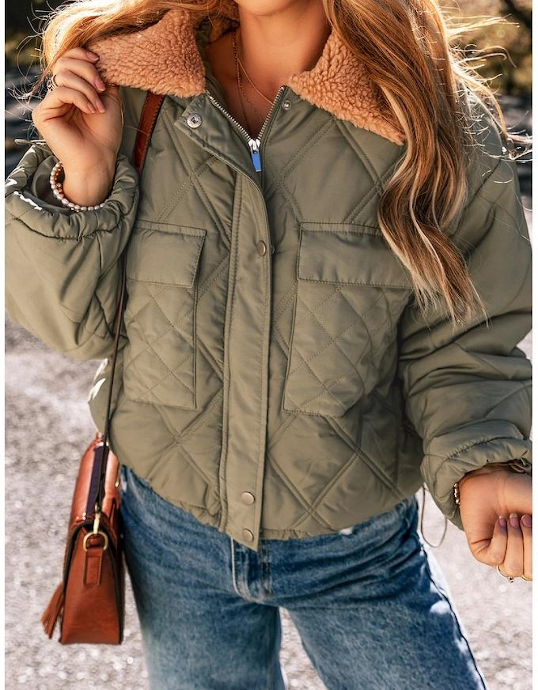 Jungle Green Teddy Collar Flap Pockets Quilted Puffer Jacket, 15 of 14