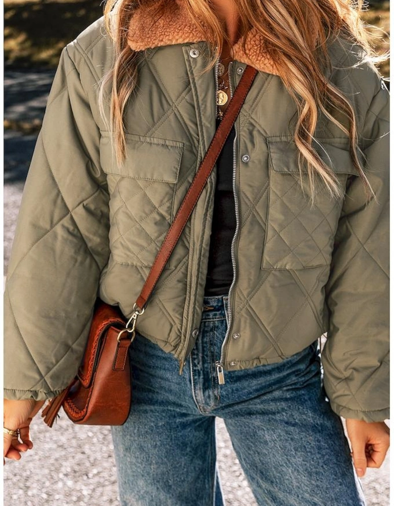 Jungle Green Teddy Collar Flap Pockets Quilted Puffer Jacket